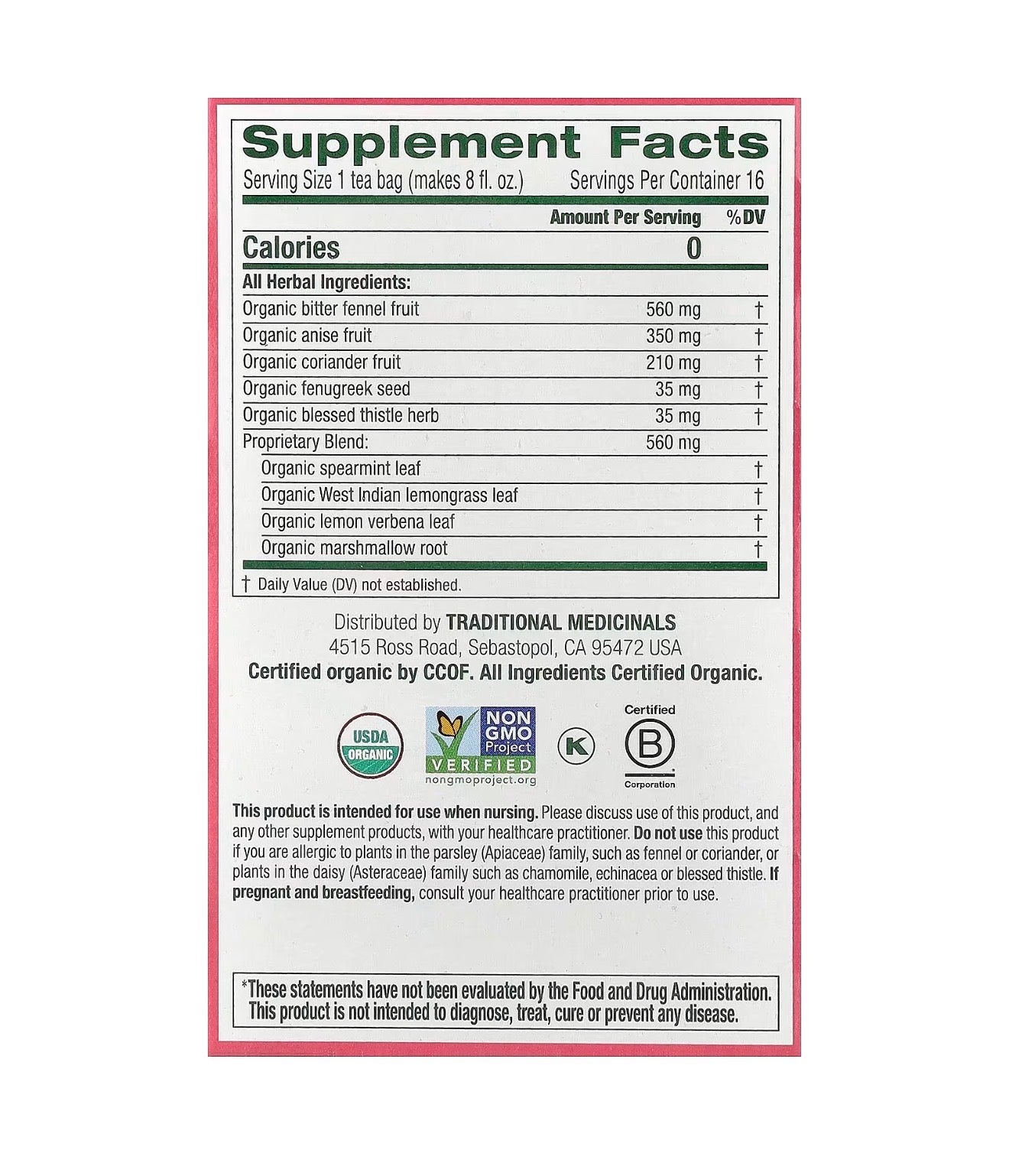 Mothers Milk- USDA Organic Certified- Original with Fennel & Fenugreek